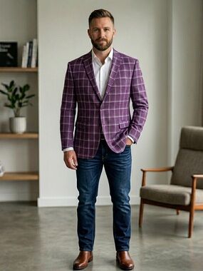 Linea Uomo Plum Purple Windopane Plaid Sport Coat Blazer 56L Preppy Wedding